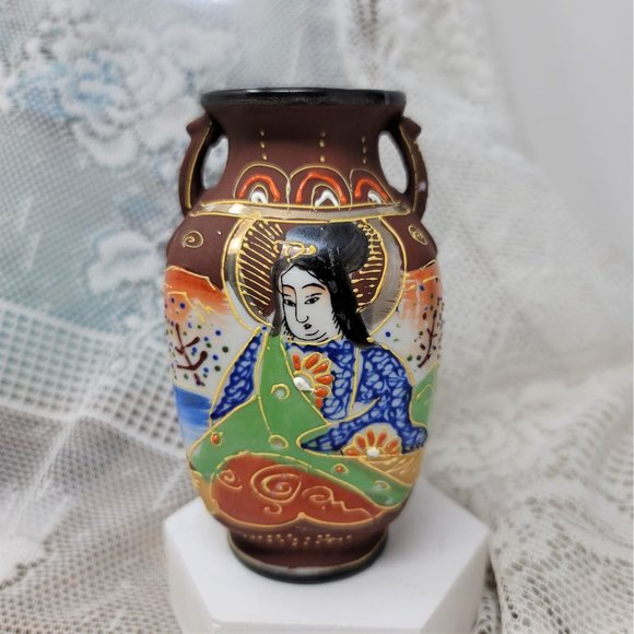 Vintage Small Vase Oriental Woman Brown Japan - Picture 7 of 8